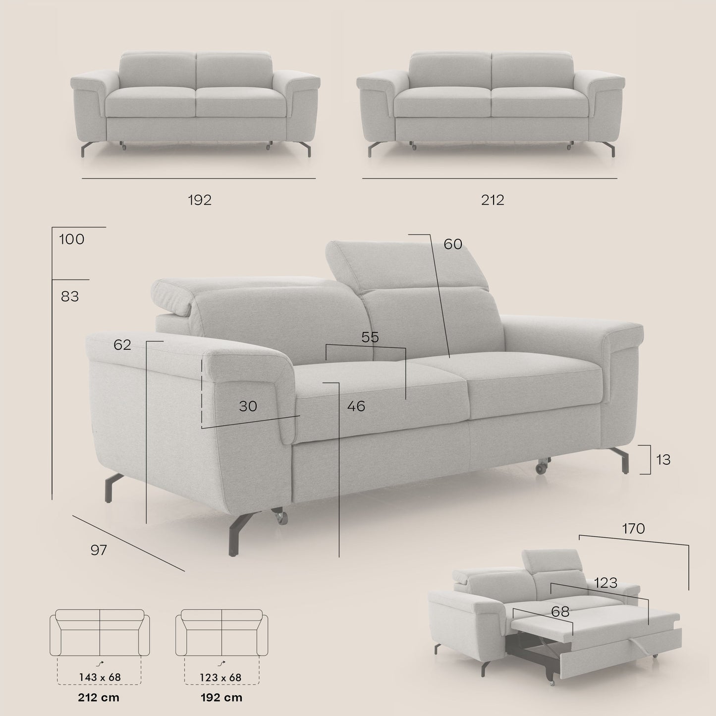Aisha Divano con poggiapiedi estraibile piedini alti e poggiatesta reclinabili in tessuto Smacchiabile T05 panna