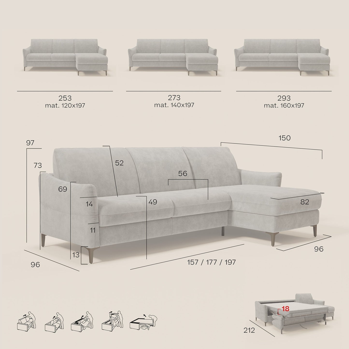 Dalia divano letto angolare con materasso alto 18 cm piedini alti e penisola contenitore in tessuto smacchiabile T17 grigio