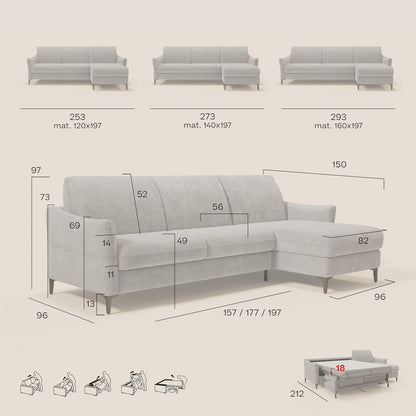 Dalia divano letto angolare con materasso alto 18 cm piedini alti e penisola contenitore in tessuto smacchiabile T17 grigio
