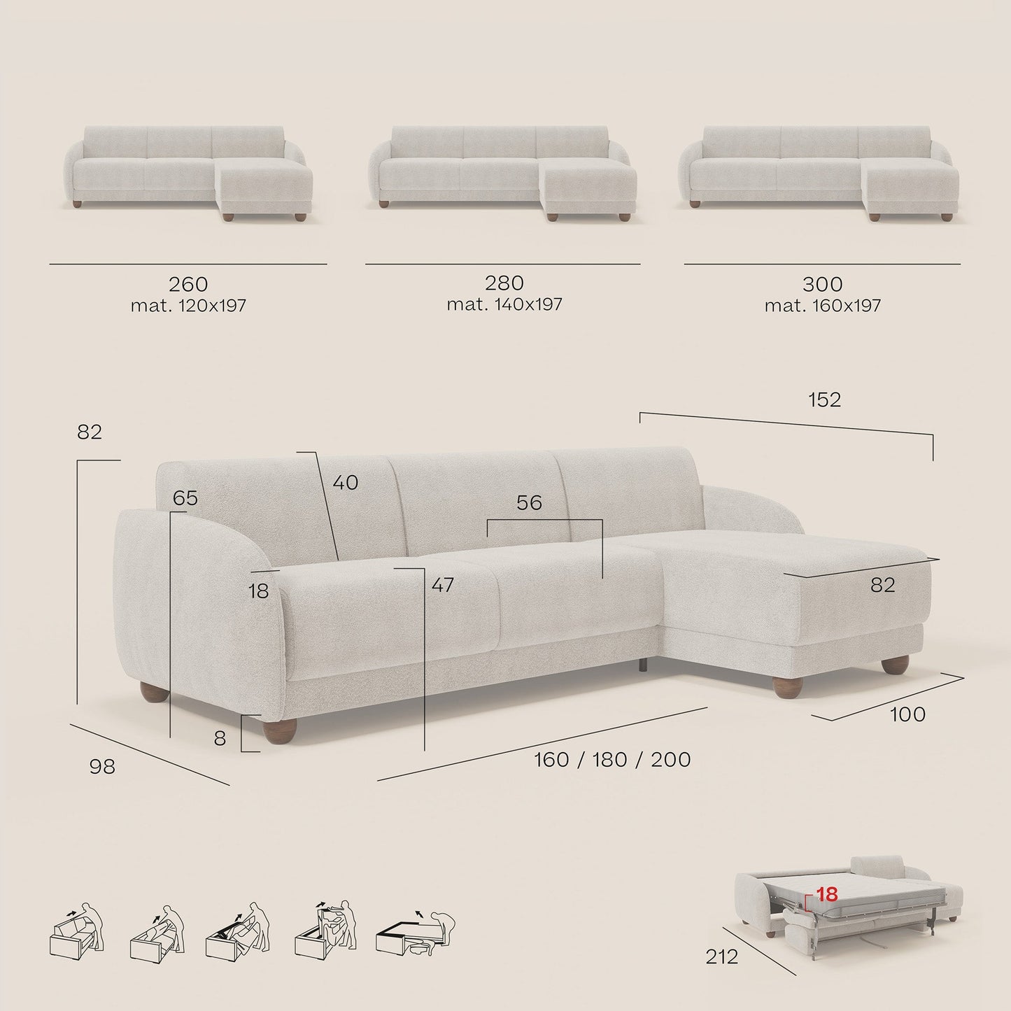 Giglio divano letto angolare con materasso alto 18 cm e penisola contenitore in morbido bouclé impermeabile T07 beige 