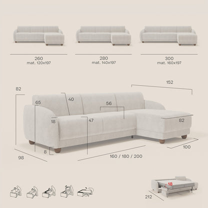 Giglio divano letto angolare con materasso alto 18 cm e penisola contenitore in morbido bouclé impermeabile T07 bianco 