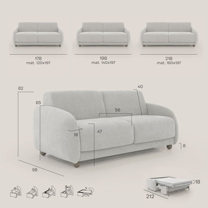 Giglio divano letto scandinavo japandi con materasso H18 cm in tessuto Bouclé impermeabile T07 carta da zucchero