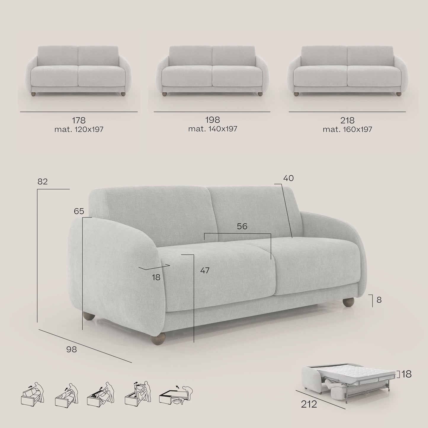 Giglio divano letto scandinavo japandi con materasso H18 cm in tessuto Bouclé impermeabile T07 beige