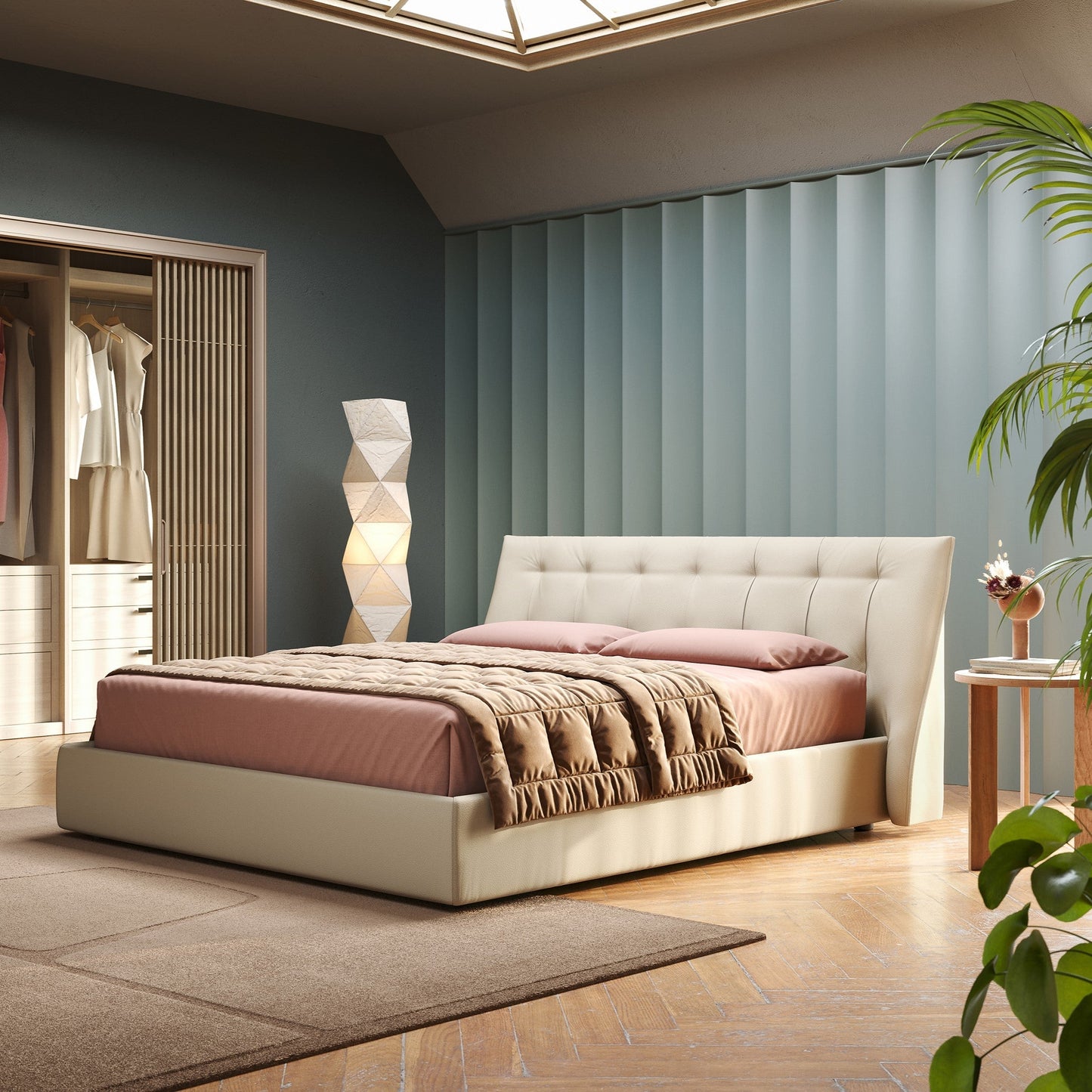 Clizia letto imbottito di design con vano contenitore in ecopelle impermeabile T04 panna 