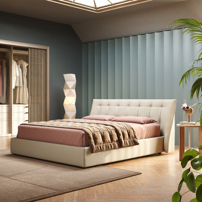 Clizia letto imbottito di design con vano contenitore in ecopelle impermeabile T04 panna 